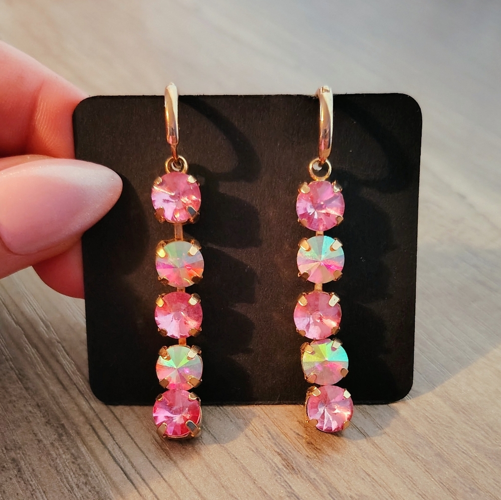 Stunning Pink & AB Crystal Drop Huggie Earrings - Picture 4 of 5